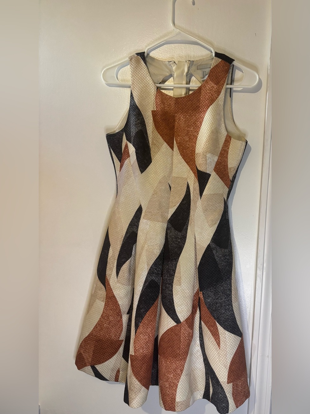 H&M Sleeveless Midi Dress in Cream, Black & Brown Abstract Print